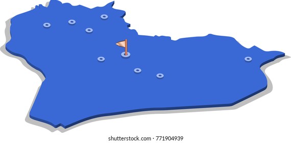 3d isometric view map of Iraq with blue surface and cities. Isolated, white background