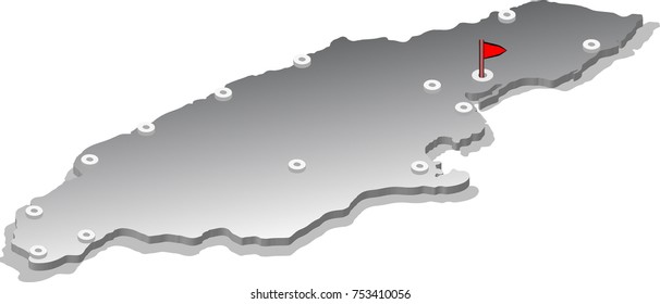 3d isometric view map of Jamaica with gradient and cities. Isolated, white background
