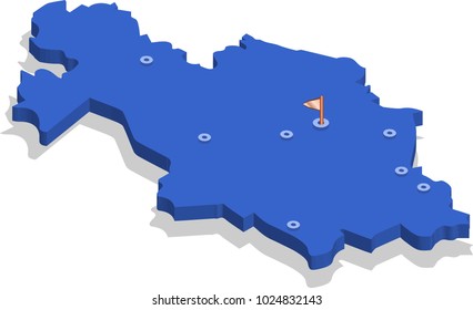 3d isometric view map of Kazakhstan with blue surface and cities. Isolated, white background