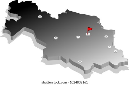 3d isometric view map of Kazakhstan with gradient and cities. Isolated, white background