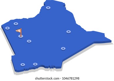 3d isometric view map of Kenya with blue surface and cities. Isolated, white background