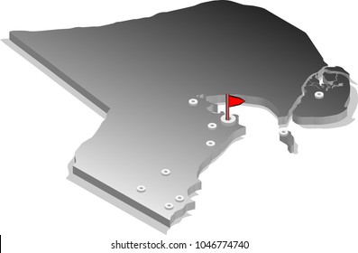 3d isometric view map of Kuwait with gradient and cities. Isolated, white background