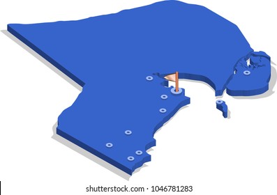3d isometric view map of Kuwait with blue surface and cities. Isolated, white background