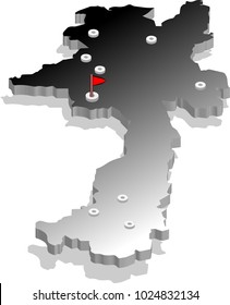 3d isometric view map of Laos with gradient and cities. Isolated, white background