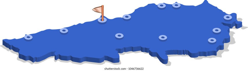 3d isometric view map of Lebanon with blue surface and cities. Isolated, white background