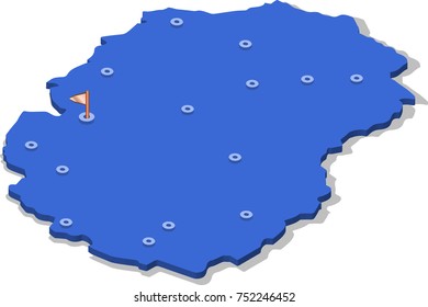 3d isometric view map of Macedonia with blue surface and cities. Isolated, white background