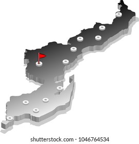 3d isometric view map of Malawi with gradient and cities. Isolated, white background