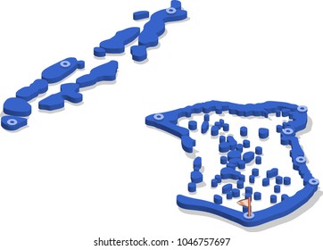 3d isometric view map of Maldives with blue surface and cities. Isolated, white background