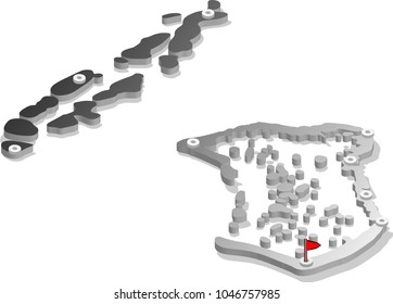 3d isometric view map of Maldives with gradient and cities. Isolated, white background