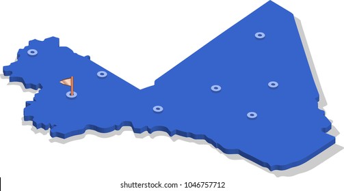 3d isometric view map of Mali with blue surface and cities. Isolated, white background