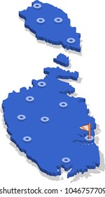 3d isometric view map of Malta with blue surface and cities. Isolated, white background