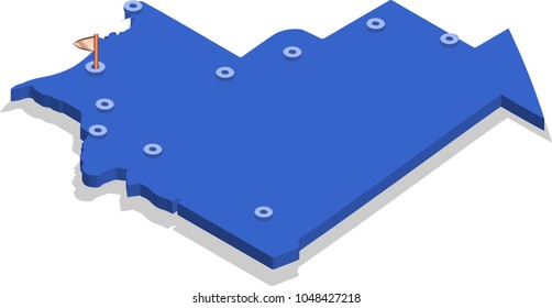 3d isometric view map of Mauritania with blue surface and cities. Isolated, white background