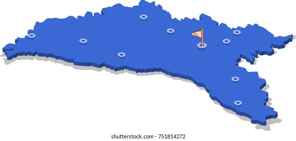 3d isometric view map of Moldova with blue surface and cities. Isolated, white background