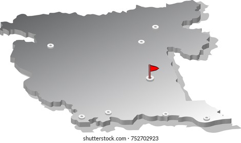 3d isometric view map of Montenegro with metal surface and cities. Isolated, white background