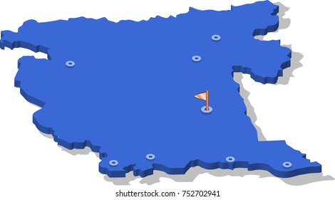 3d isometric view map of Montenegro with blue surface and cities. Isolated, white background