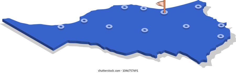 3d isometric view map of Morocco with blue surface and cities. Isolated, white background