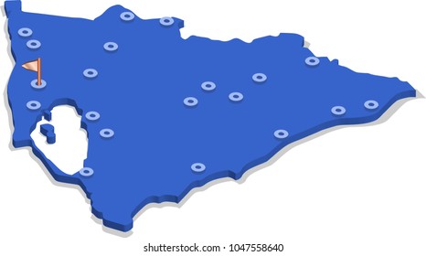 3d isometric view map of Nicaragua with blue surface and cities. Isolated, white background