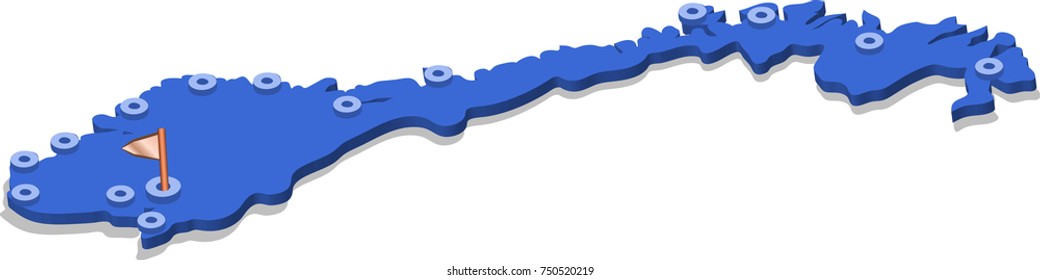 3d isometric view map of Norway with blue surface and cities. Isolated, white background