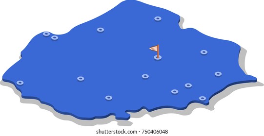 3d isometric view map of Poland with blue surface and cities. Isolated, white background