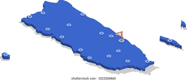 3d isometric view map of Puerto Rico with blue surface and cities. Isolated, white background