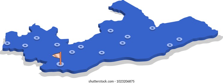 3d isometric view map of Republic of the Congo with blue surface and cities. Isolated, white background