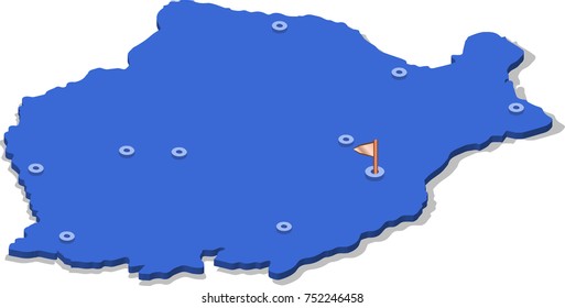 3d isometric view map of Romania with blue surface and cities. Isolated, white background