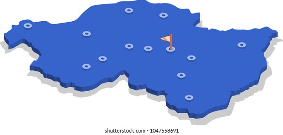 3d isometric view map of Rwanda with blue surface and cities. Isolated, white background