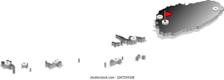 3d isometric view map of Saint Vincent and the Grenadines with gradient and cities. Isolated, white background