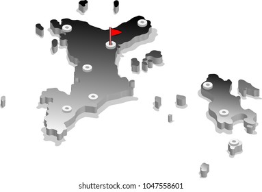 3d isometric view map of Seychelles with gradient and cities. Isolated, white background