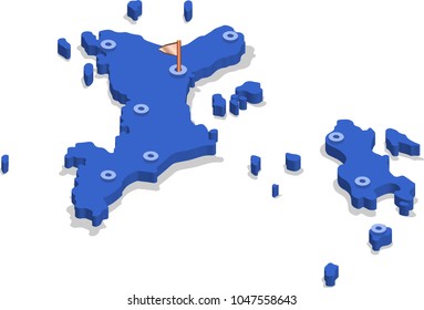 3d isometric view map of Seychelles with blue surface and cities. Isolated, white background