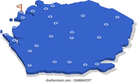 3d isometric view map of Sierra Leone with blue surface and cities. Isolated, white background