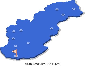 3d isometric view map of Slovakia with blue surface and cities. Isolated, white background