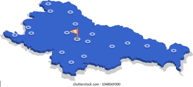 3d isometric view map of Slovenia with blue surface and cities. Isolated, white background