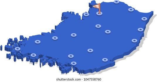 3d isometric view map of South Korea with blue surface and cities. Isolated, white background