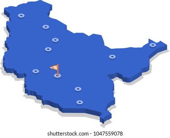 3d isometric view map of South Sudan with blue surface and cities. Isolated, white background