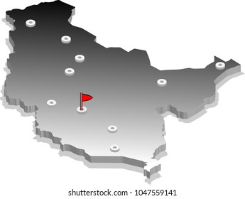 3d isometric view map of South Sudan with gradient and cities. Isolated, white background