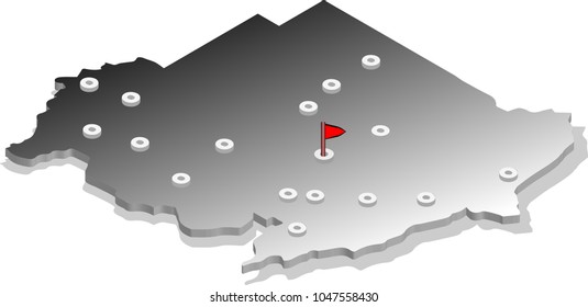 3d isometric view map of Sudan with gradient and cities. Isolated, white background