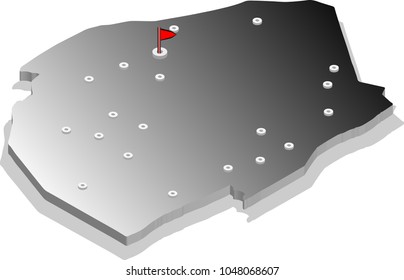 3d isometric view map of Swaziland with gradient and cities. Isolated, white background