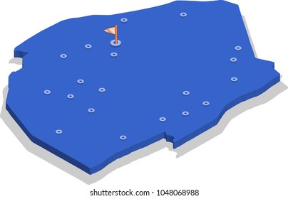 3d isometric view map of Swaziland with blue surface and cities. Isolated, white background