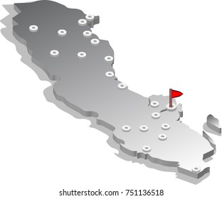 3d isometric view map of Sweden with metal surface and cities. Isolated, white background