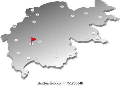 3d isometric view map of Switzerland with metal surface and cities. Isolated, white background