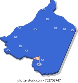3d isometric view map of Syria with blue surface and cities. Isolated, white background