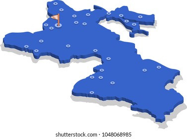 3d isometric view map of Tajikistan with blue surface and cities. Isolated, white background