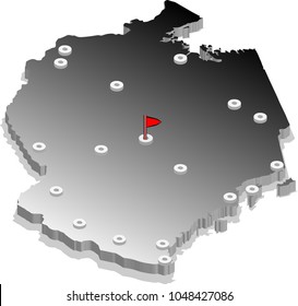 3d isometric view map of Tanzania with gradient and cities. Isolated, white background