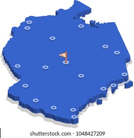 3d isometric view map of Tanzania with blue surface and cities. Isolated, white background