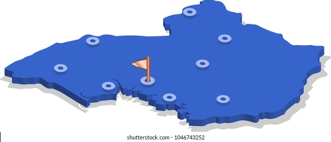 3d isometric view map of Uganda with blue surface and cities. Isolated, white background