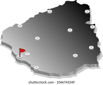 3d isometric view map of Uruguay with gradient and cities. Isolated, white background