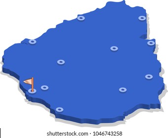 3d isometric view map of Uruguay with blue surface and cities. Isolated, white background