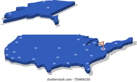3d isometric view map of USA with blue surface and cities. Isolated, white background