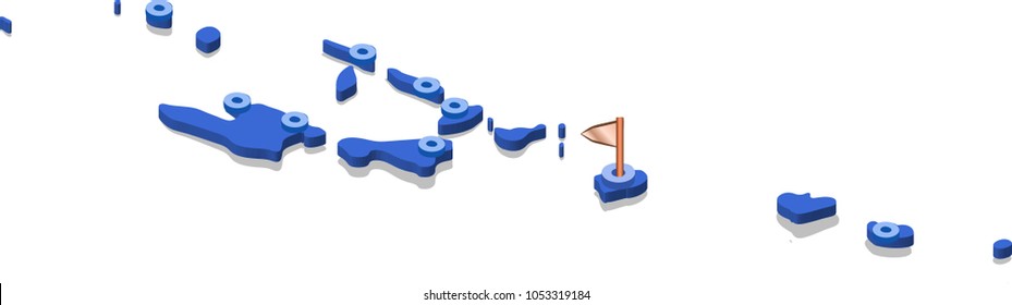 3d isometric view map of Vanuatu with blue surface and cities. Isolated, white background
